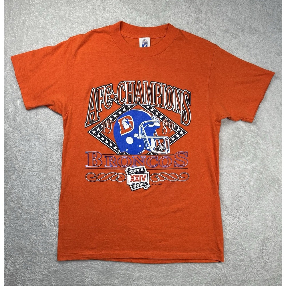Vintage Denver Broncos Shirt Mens Large Orange 89 AFC Champions NFL Football USA